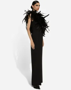 Long one-shoulder stretch cady dress with feathered neckline