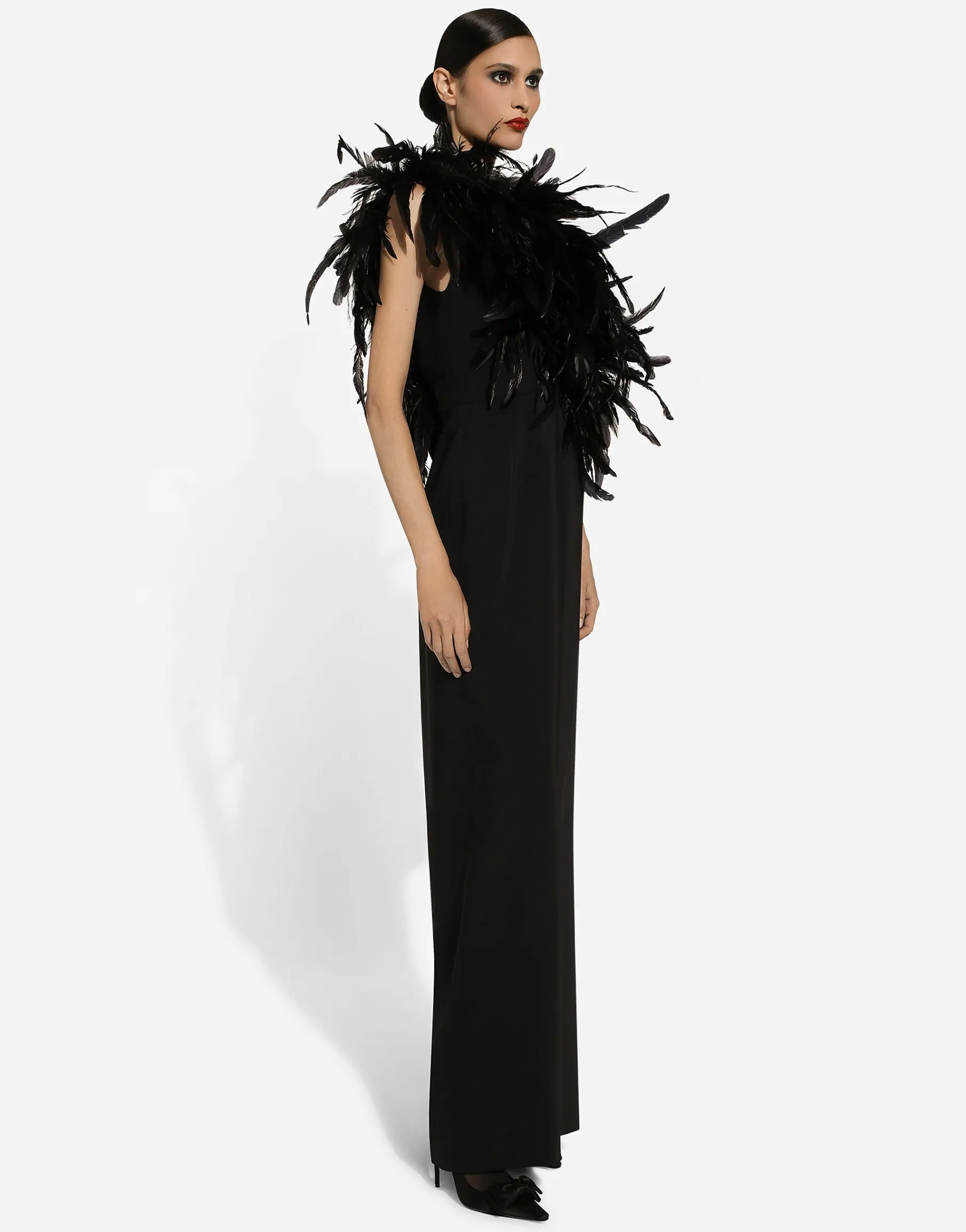 Long one-shoulder stretch cady dress with feathered neckline