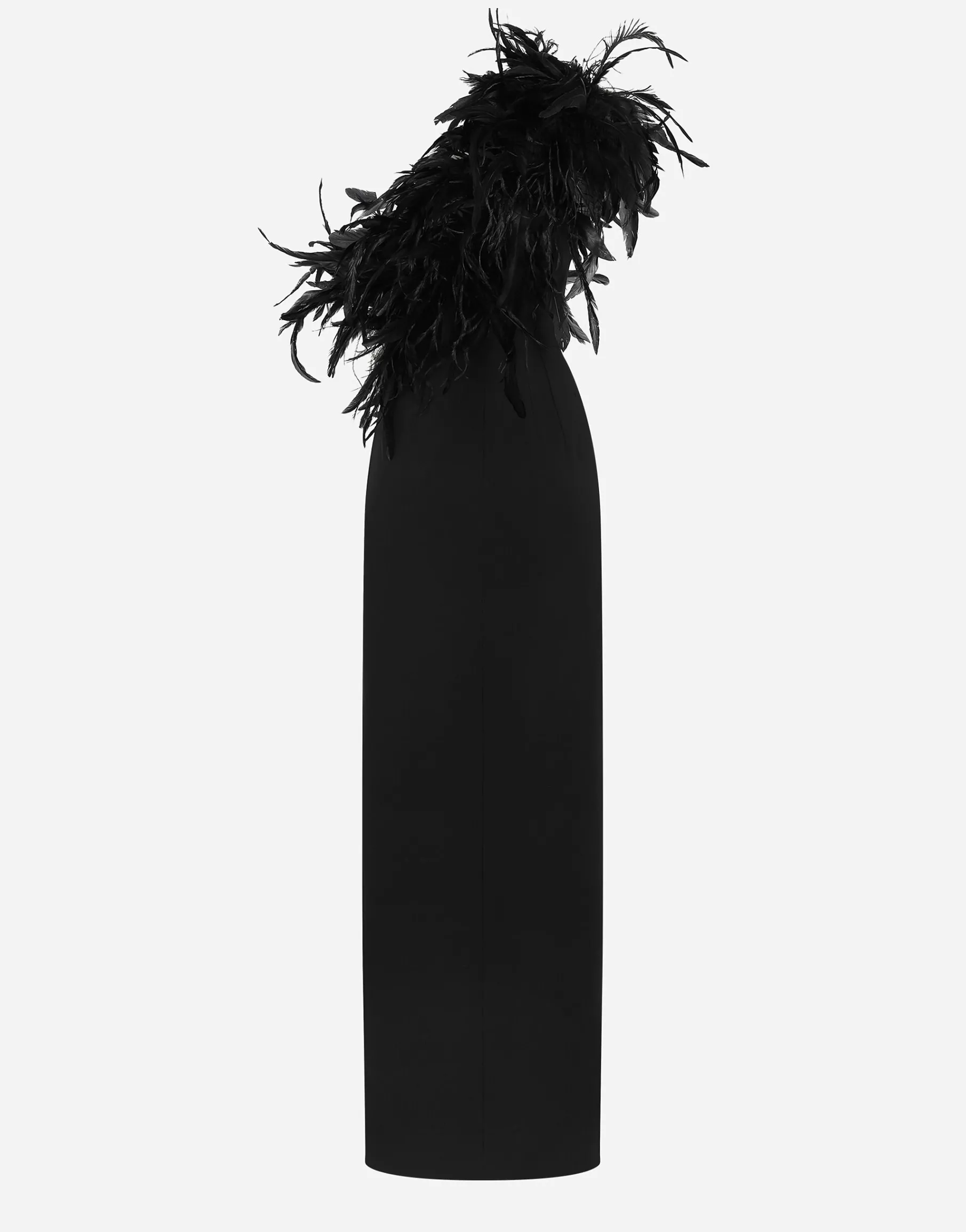 Long one-shoulder stretch cady dress with feathered neckline
