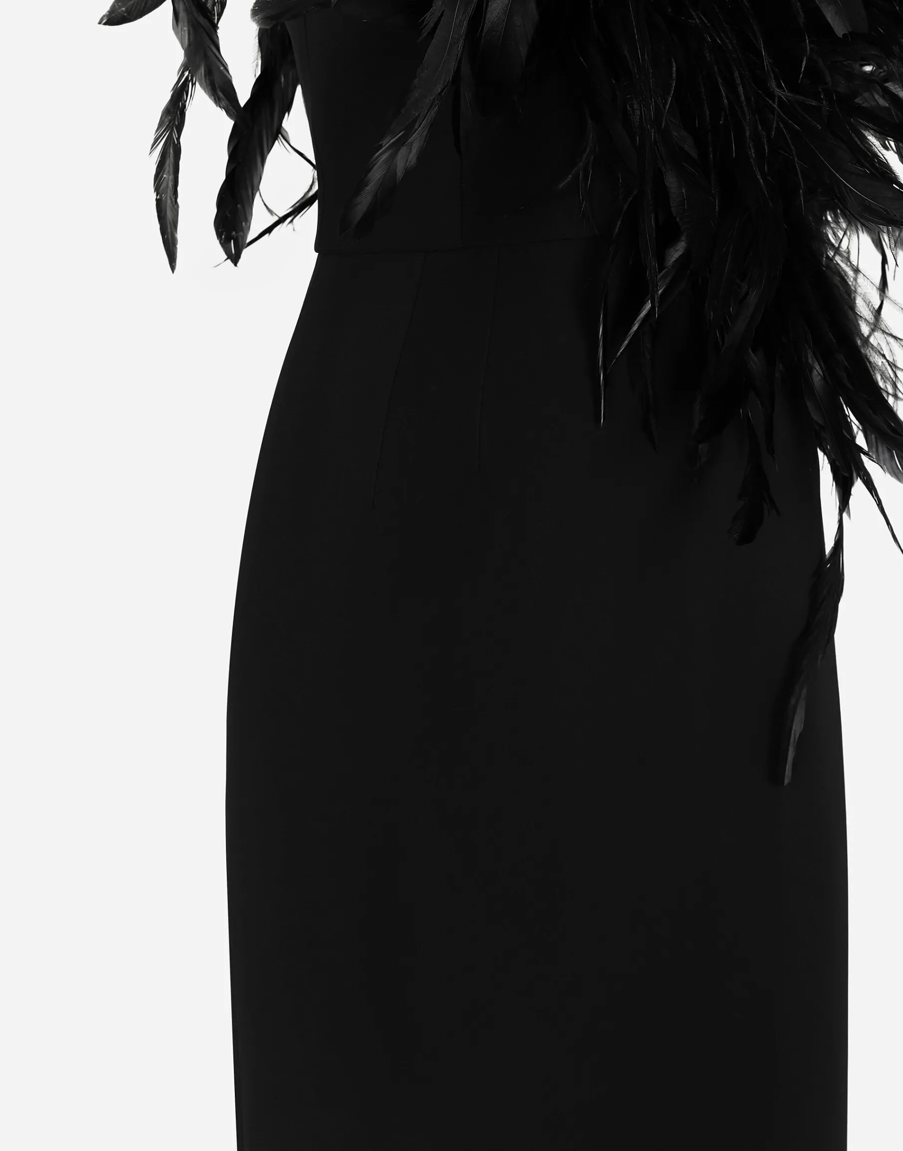 Long one-shoulder stretch cady dress with feathered neckline
