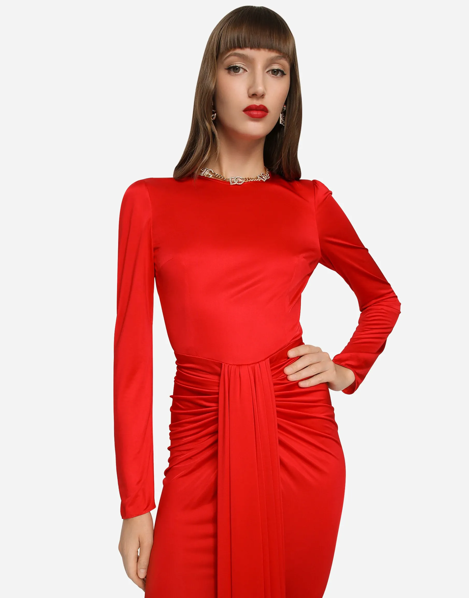 Long organzine dress with draping