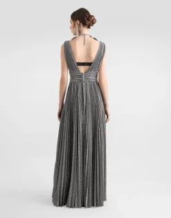 Long pleated dress with micro-sequin embellishment