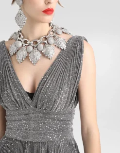 Long pleated dress with micro-sequin embellishment