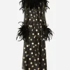 Long polka-dot silk organza dress with feathered details