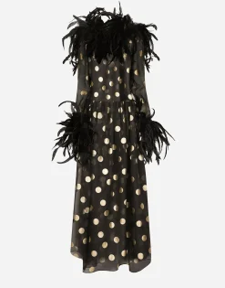 Long polka-dot silk organza dress with feathered details