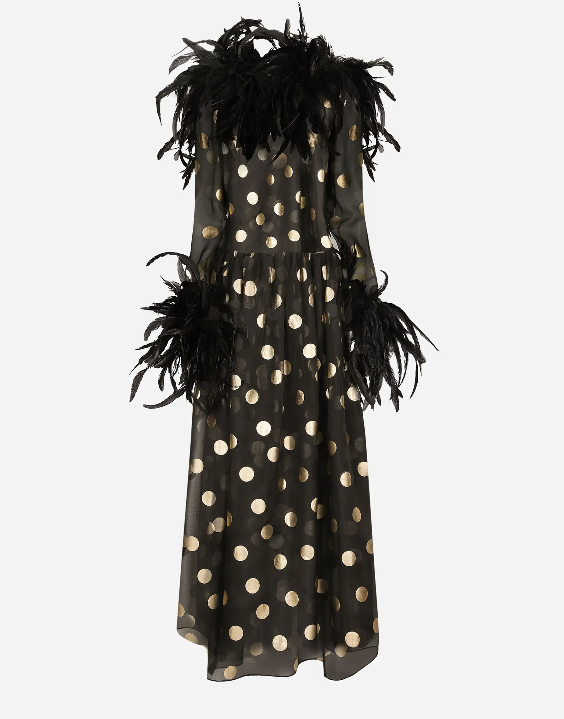 Long polka-dot silk organza dress with feathered details