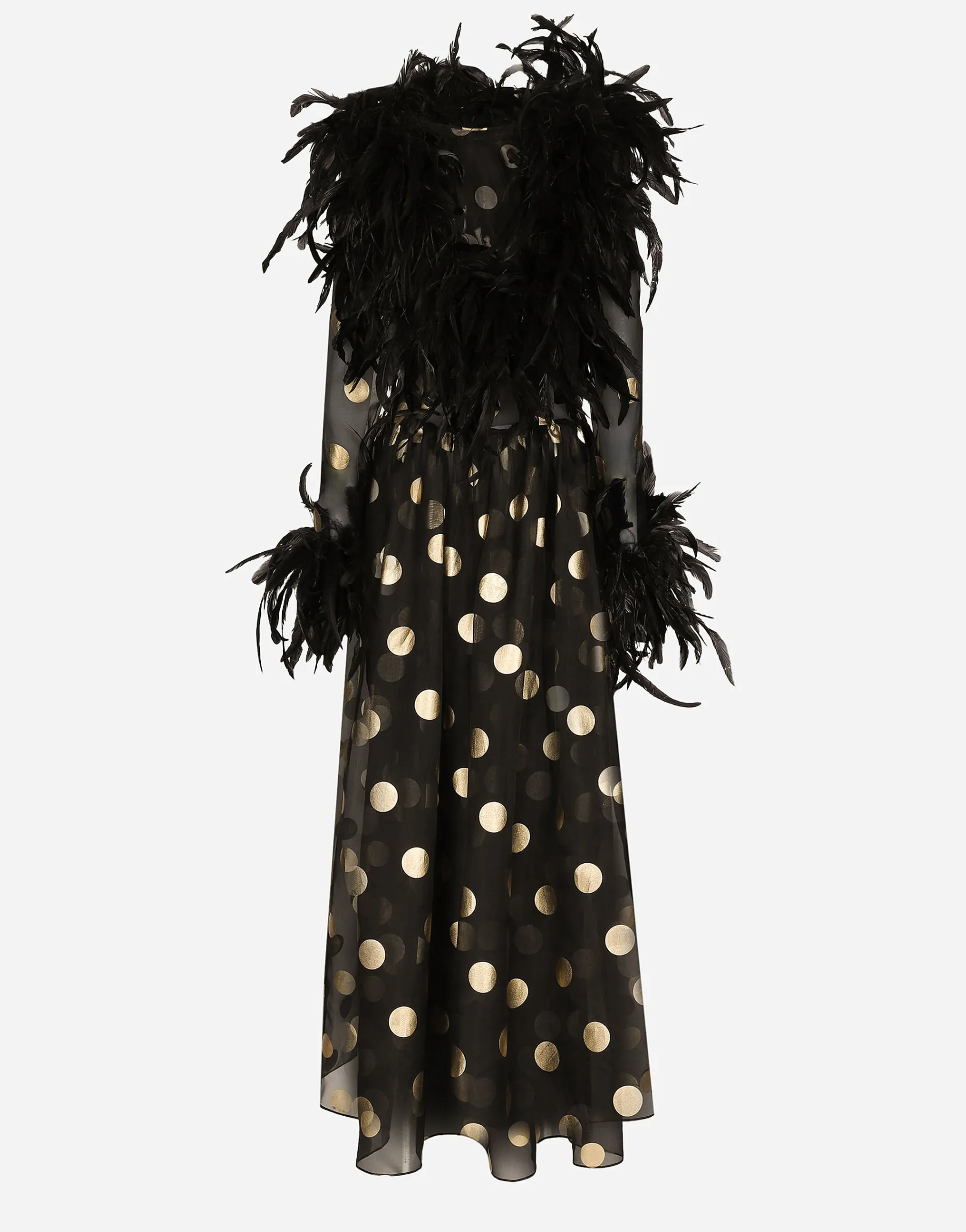 Long polka-dot silk organza dress with feathered details
