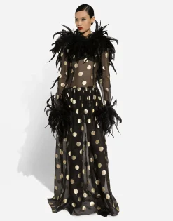 Long polka-dot silk organza dress with feathered details