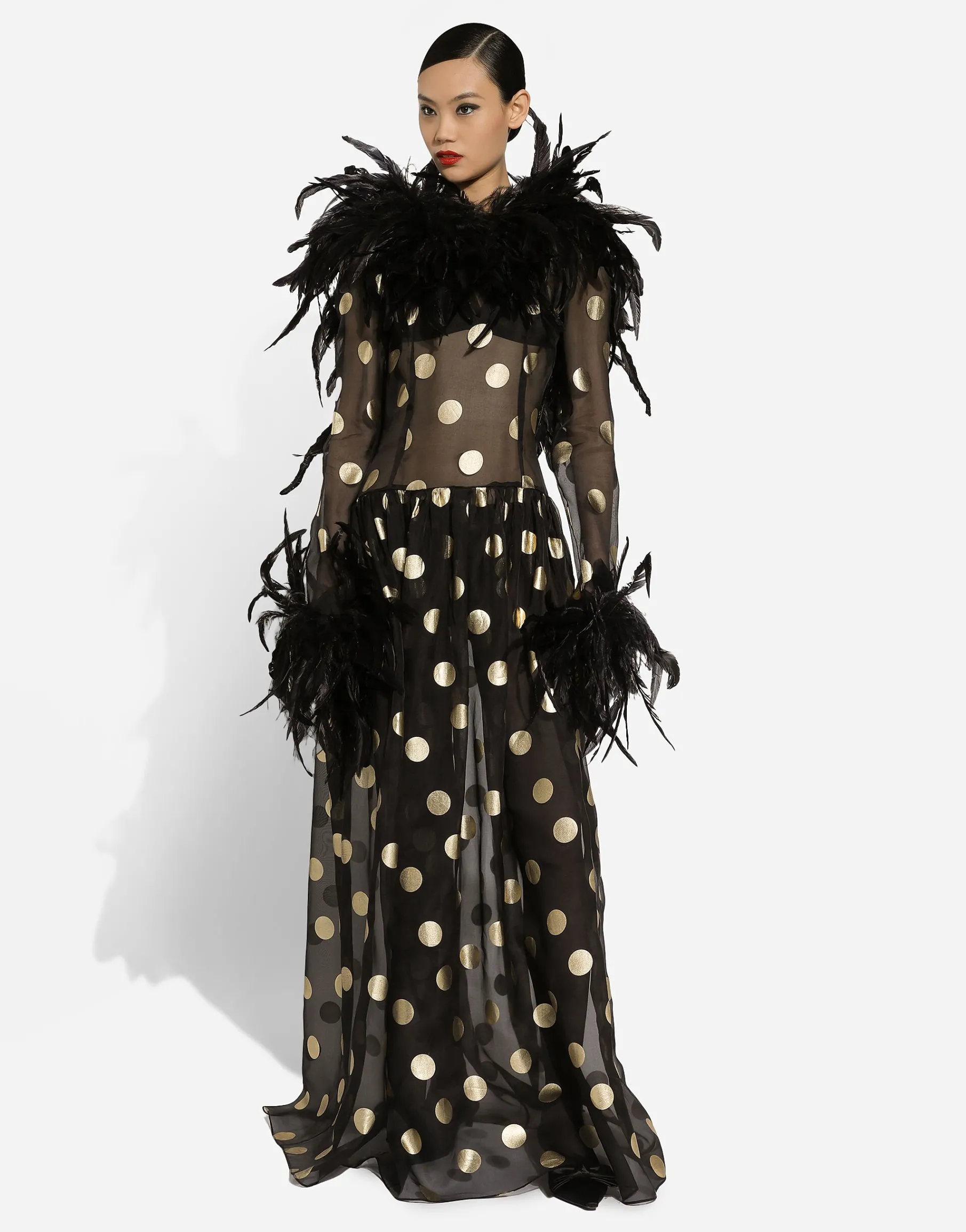 Long polka-dot silk organza dress with feathered details