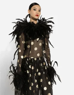 Long polka-dot silk organza dress with feathered details