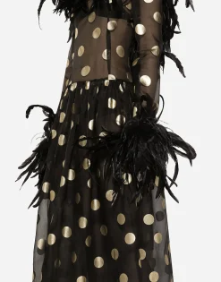 Long polka-dot silk organza dress with feathered details
