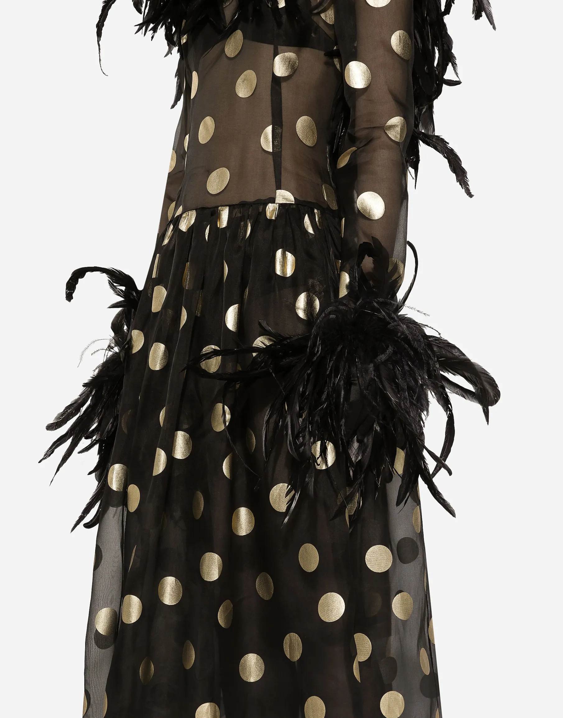 Long polka-dot silk organza dress with feathered details