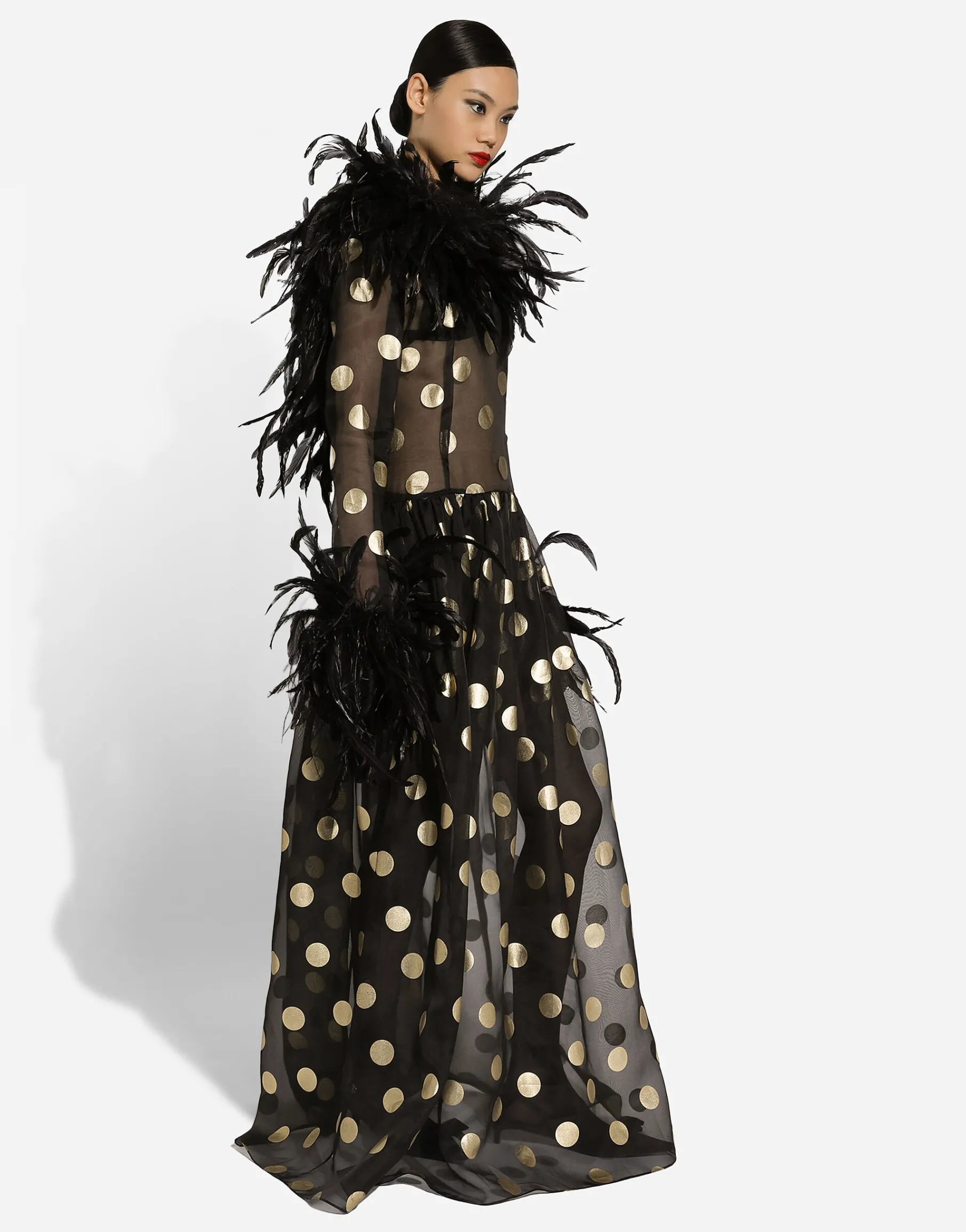 Long polka-dot silk organza dress with feathered details