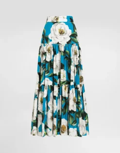 Long ruffled skirt in gardenia-print cotton