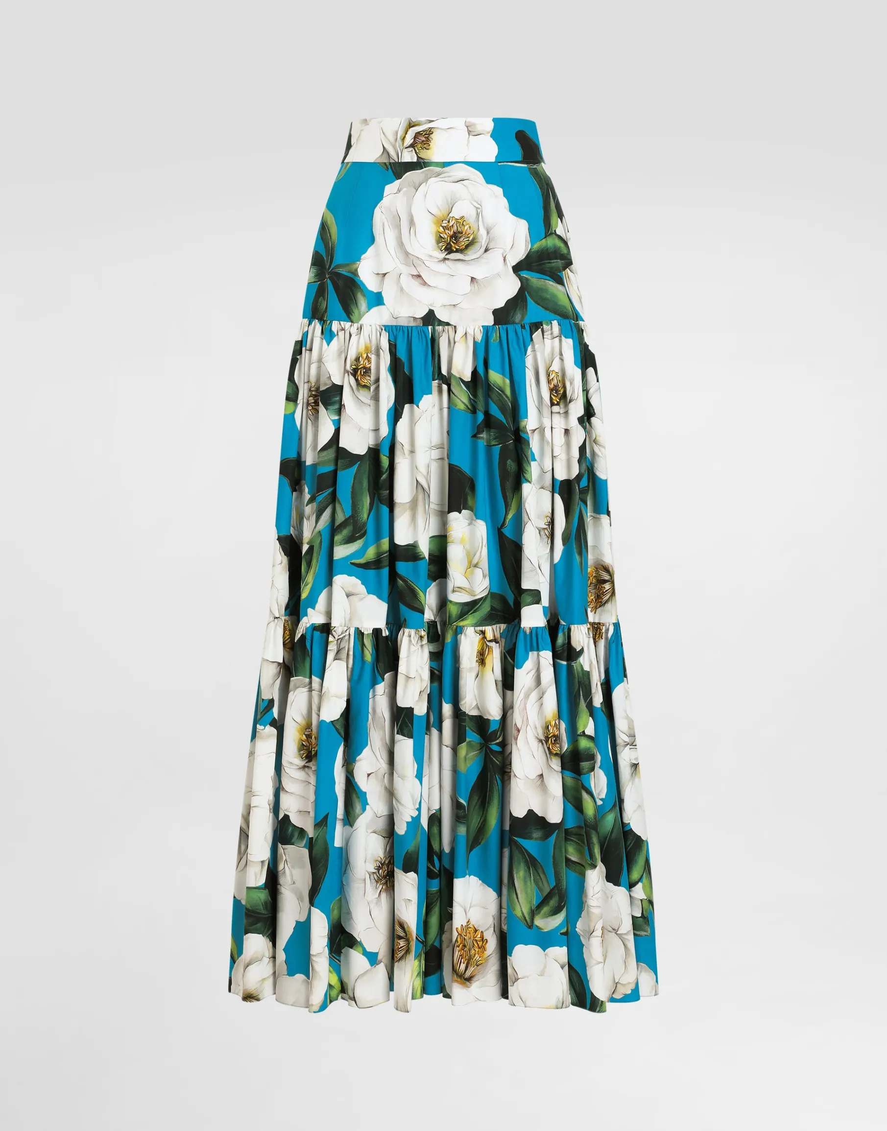 Long ruffled skirt in gardenia-print cotton