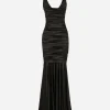 Long satin dress with draping