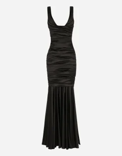 Long satin dress with draping