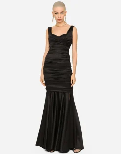 Long satin dress with draping