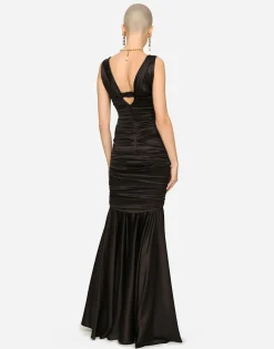Long satin dress with draping
