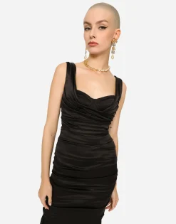 Long satin dress with draping
