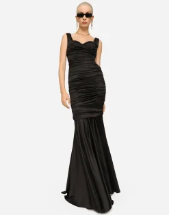 Long satin dress with draping