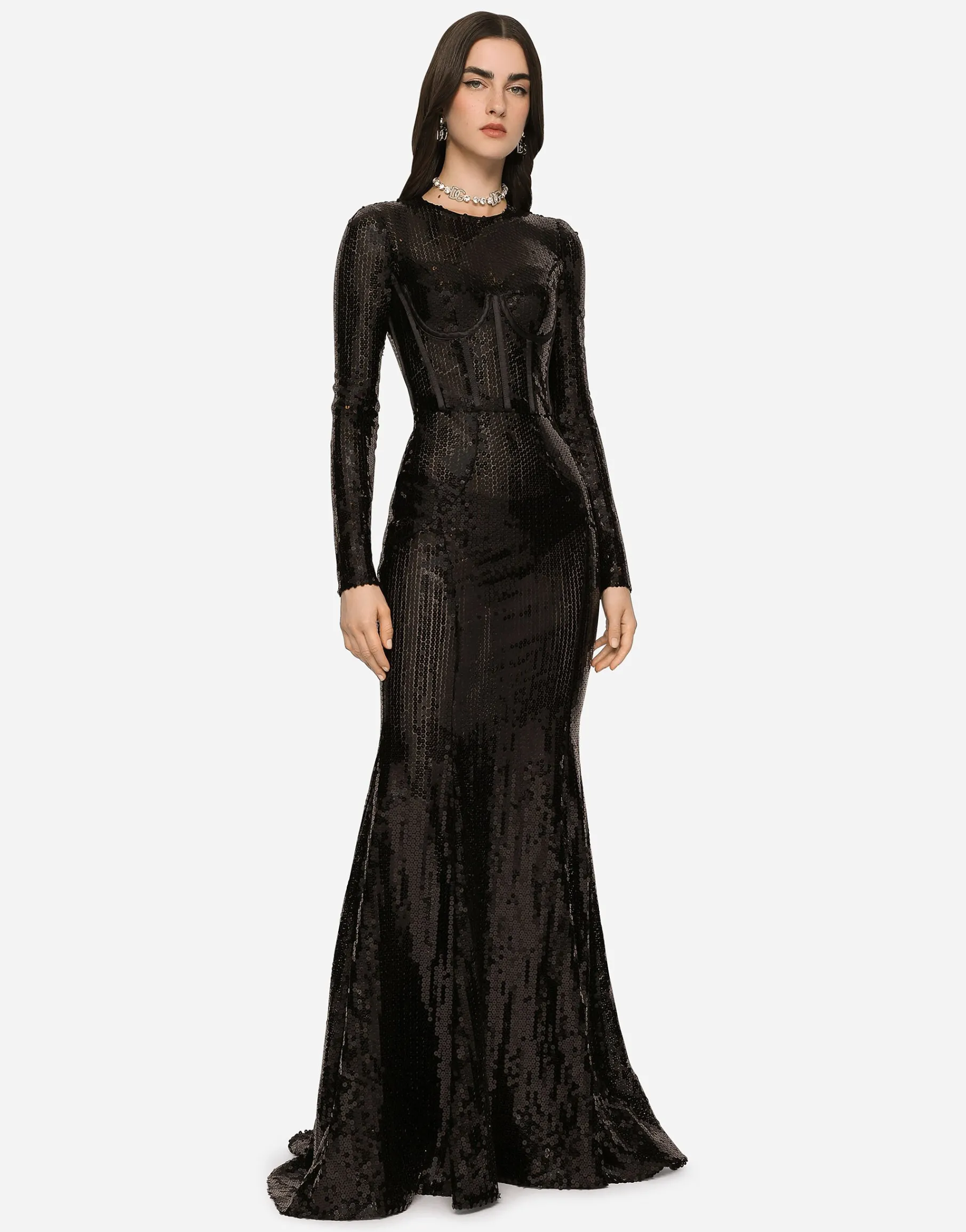 Long sequined dress with corset detailing