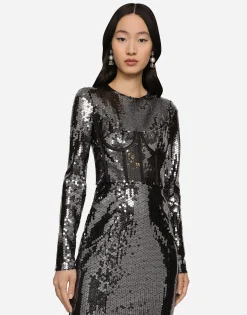 Long sequined dress with corset detailing