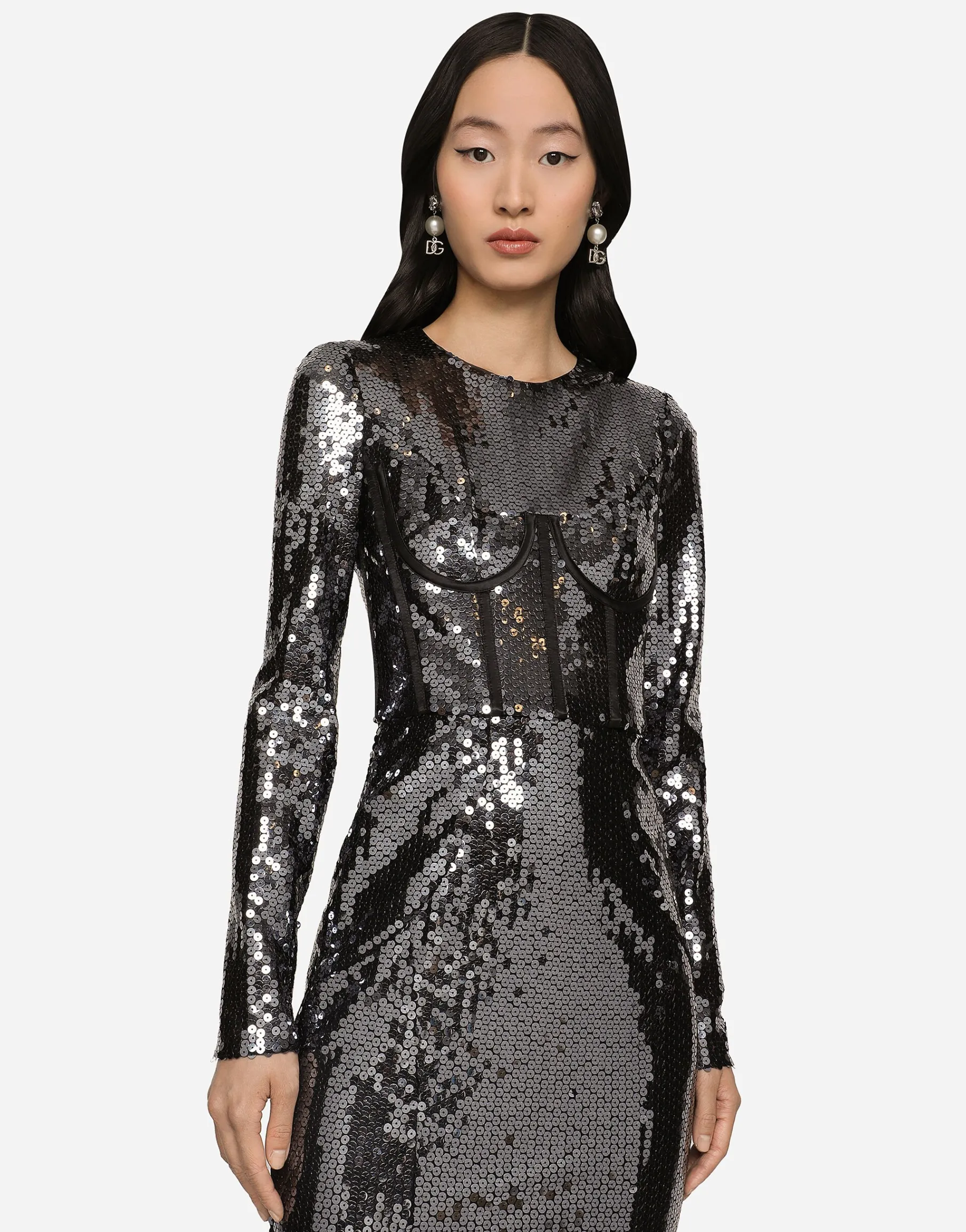 Long sequined dress with corset detailing