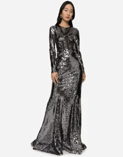 Long sequined dress with corset detailing