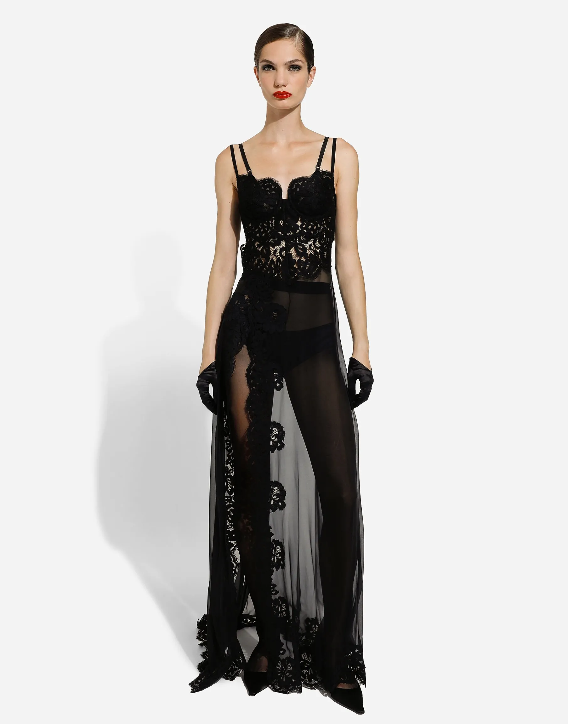 Long silk chiffon and Chantilly lace slip dress