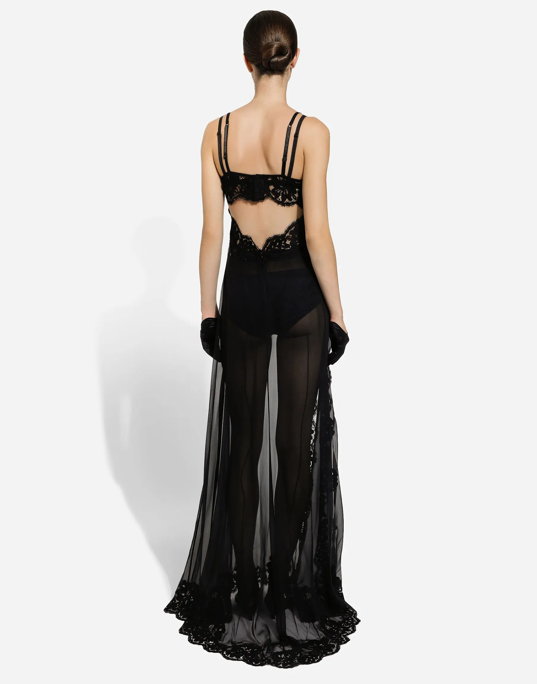 Long silk chiffon and Chantilly lace slip dress