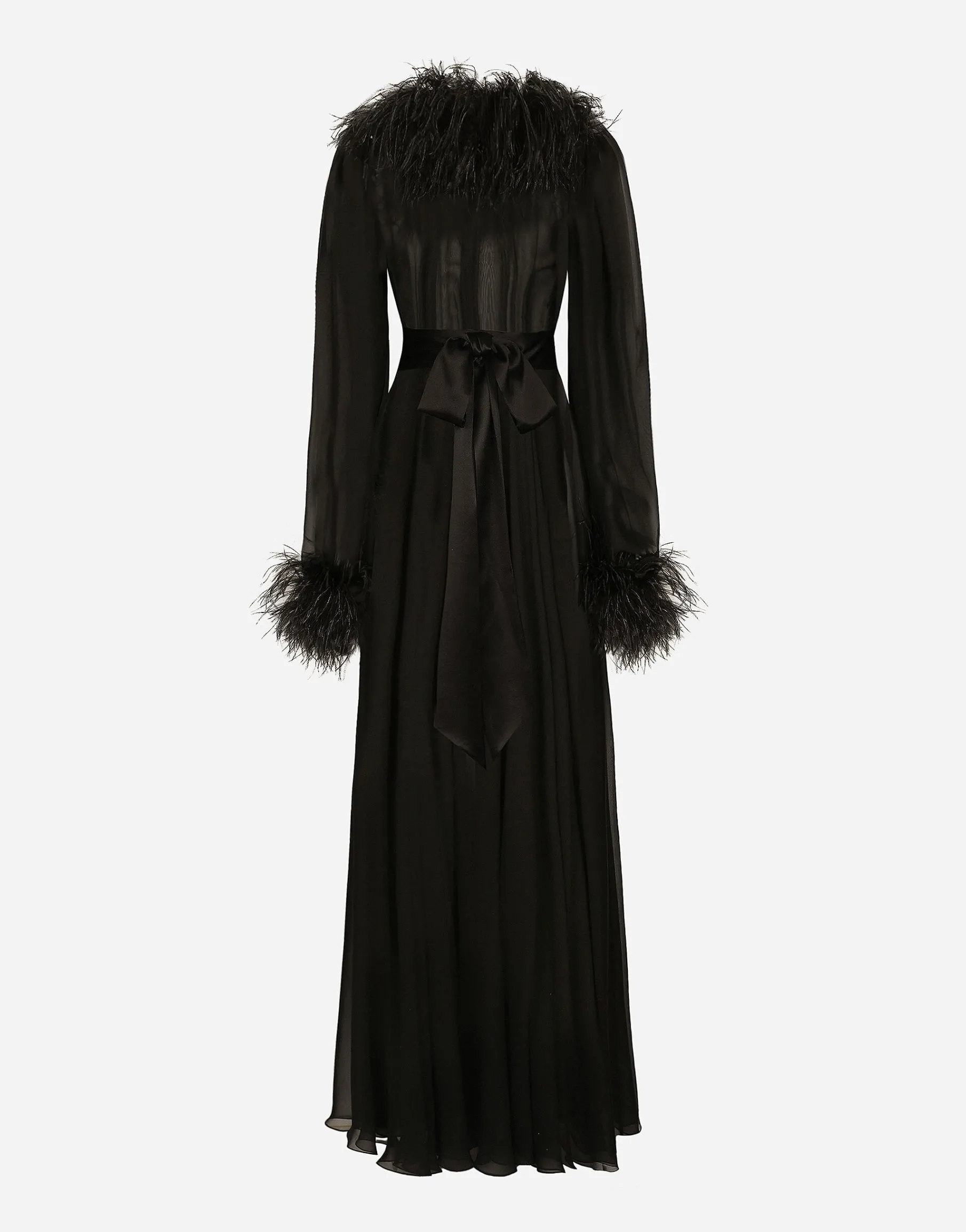 Long silk chiffon dress with ostrich feather details