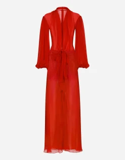 Long silk chiffon dress with bow detail