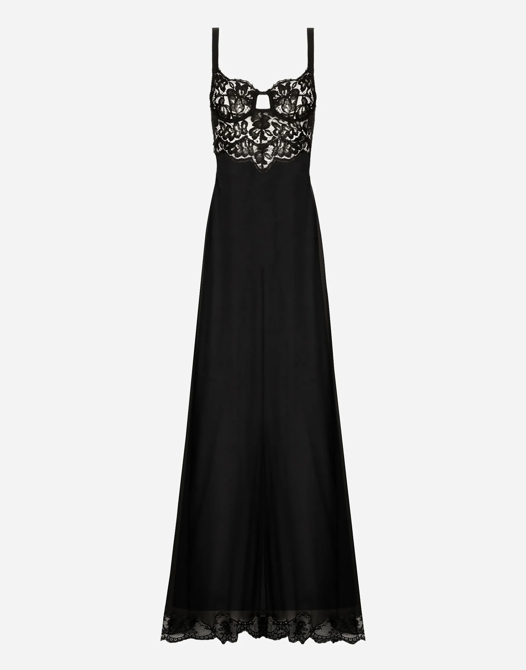 Long silk chiffon dress with lace body