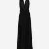Long silk chiffon dress with floral appliqué