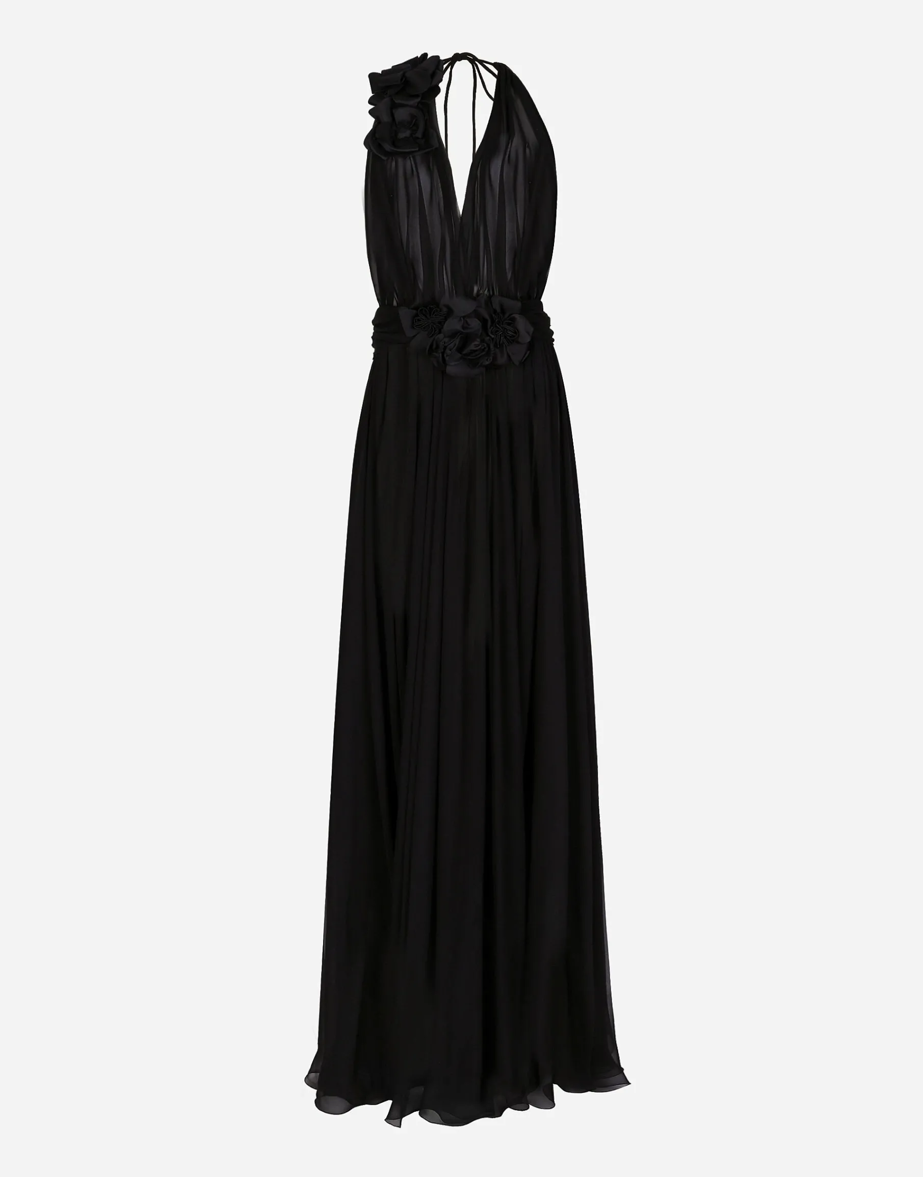 Long silk chiffon dress with floral appliqué