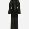 Long silk chiffon dress with polka-dot print, a pussy-bow detail and flower on neck