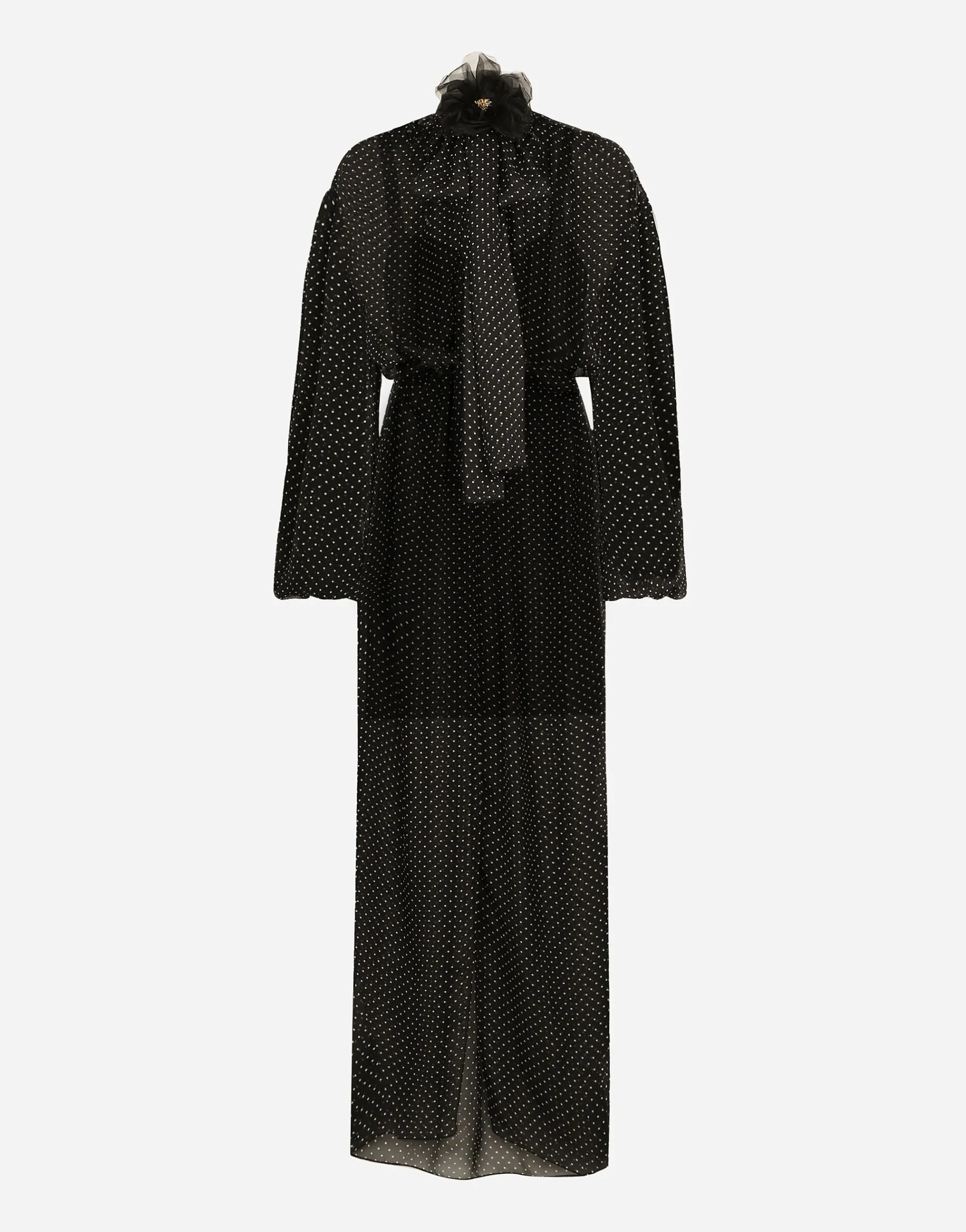 Long silk chiffon dress with polka-dot print, a pussy-bow detail and flower on neck