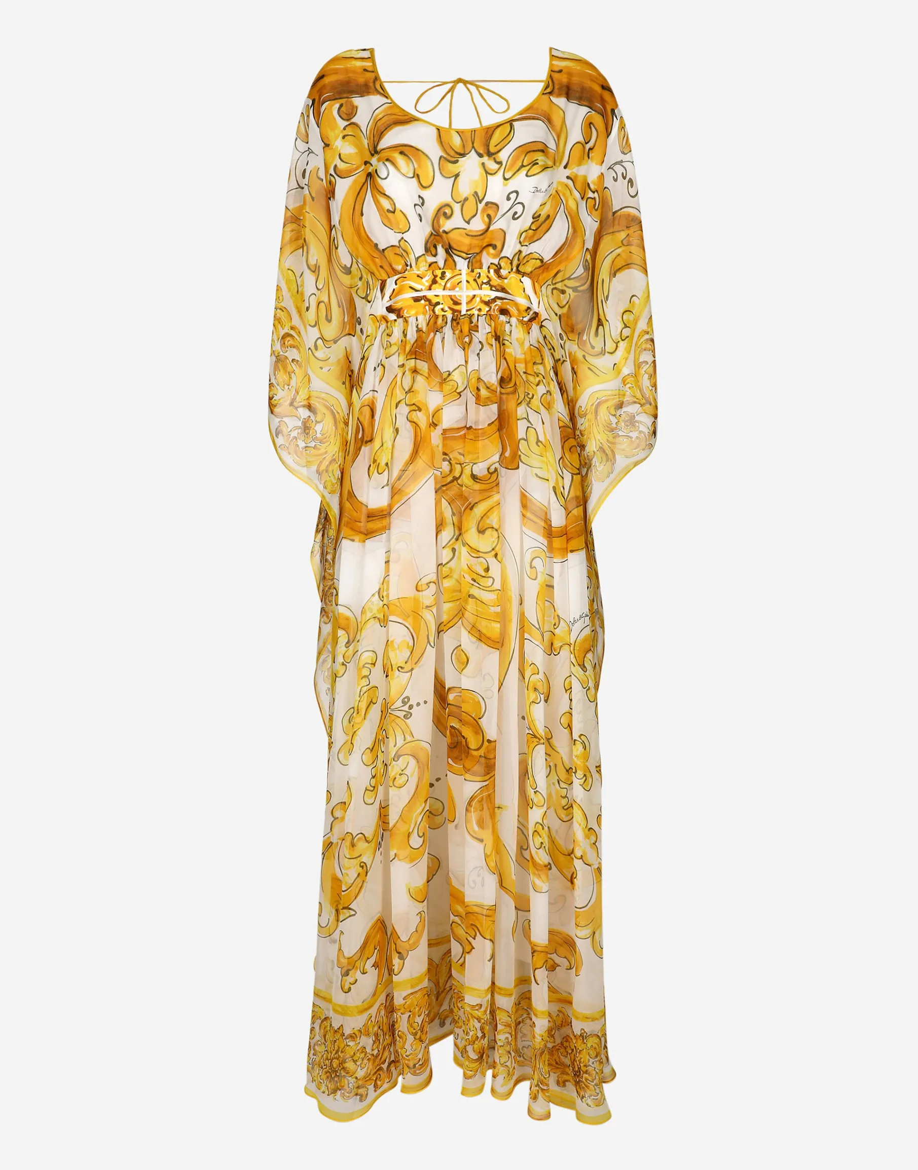 Long silk chiffon dress with majolica print