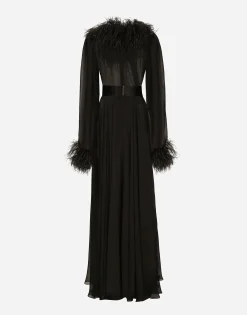 Long silk chiffon dress with ostrich feather details