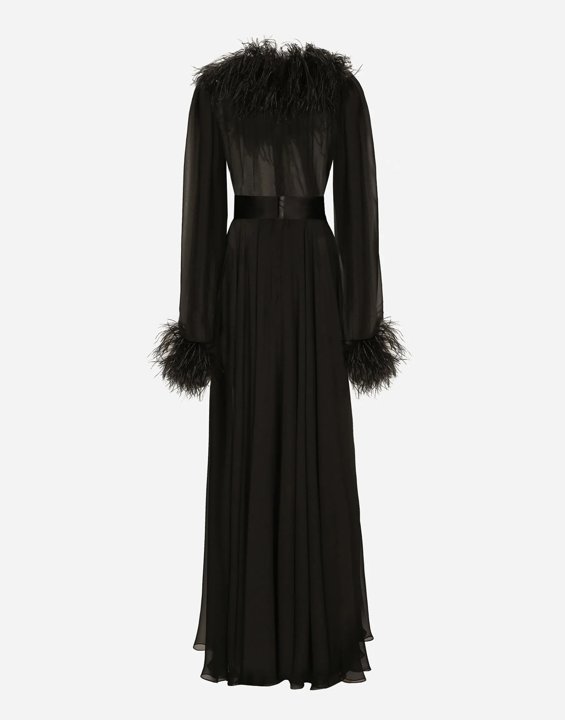 Long silk chiffon dress with ostrich feather details