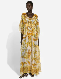 Long silk chiffon dress with majolica print