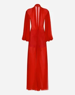 Long silk chiffon dress with bow detail