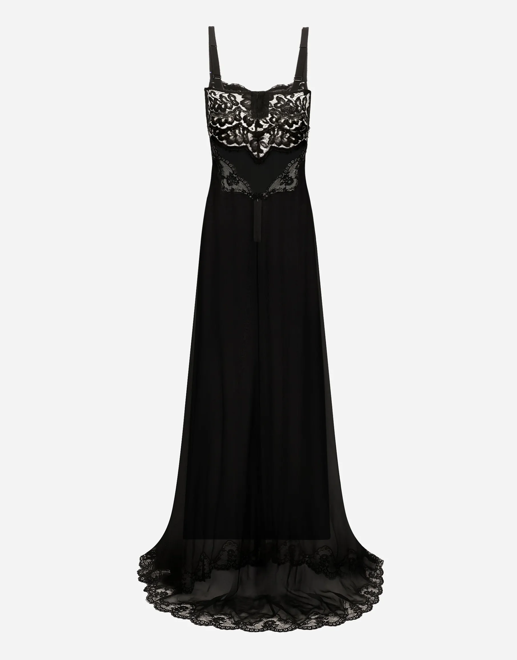 Long silk chiffon dress with lace body