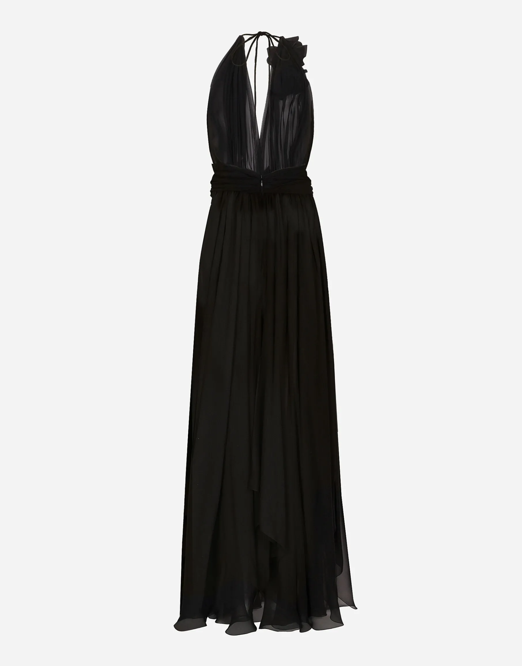 Long silk chiffon dress with floral appliqué
