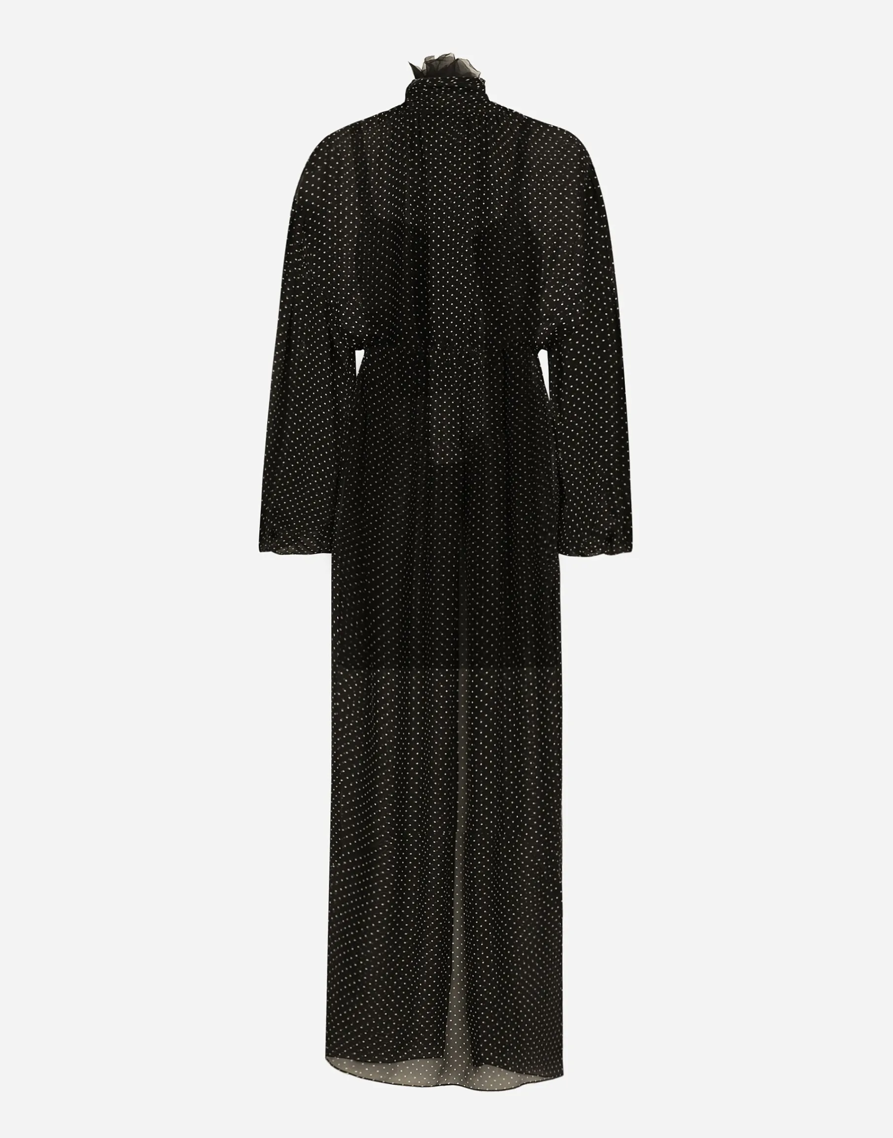 Long silk chiffon dress with polka-dot print, a pussy-bow detail and flower on neck