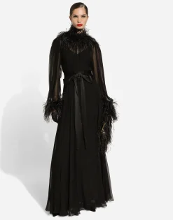 Long silk chiffon dress with ostrich feather details