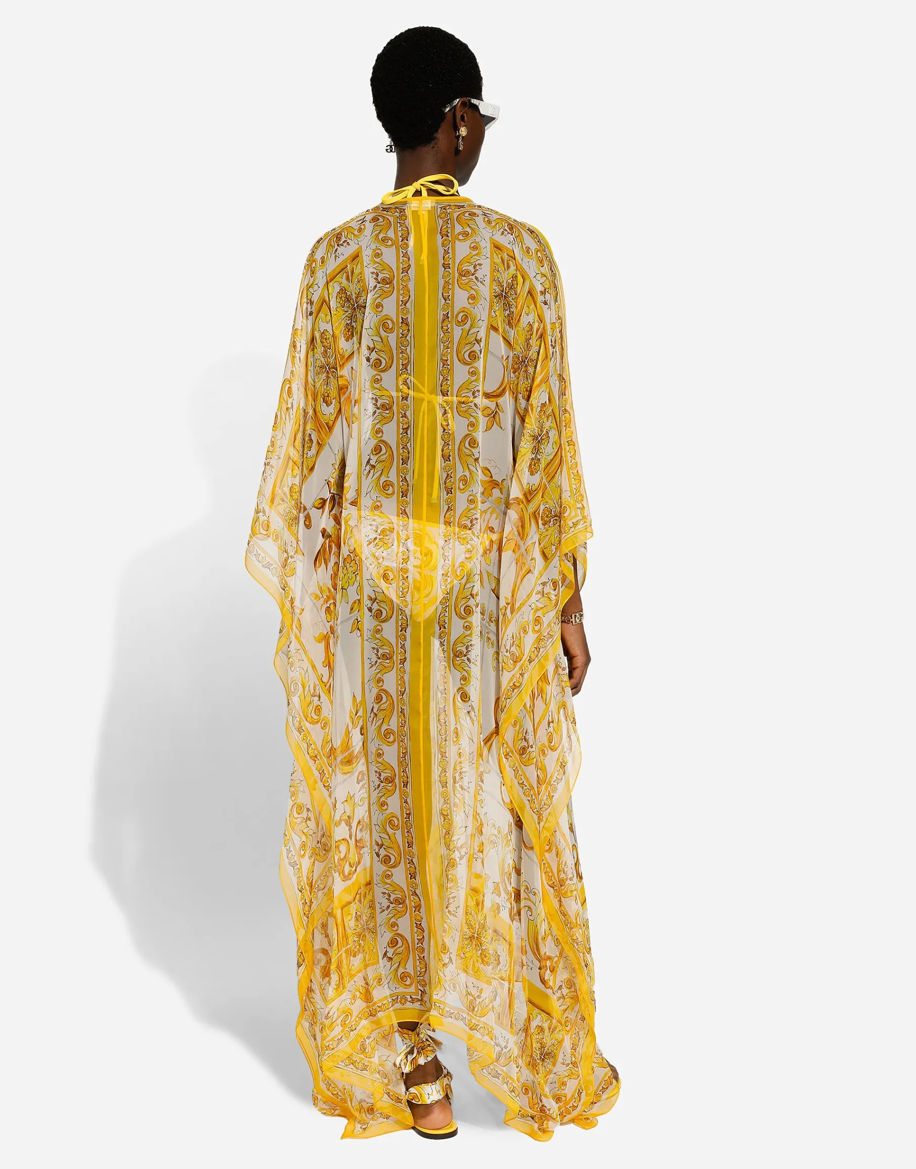 Long silk chiffon dress with majolica print