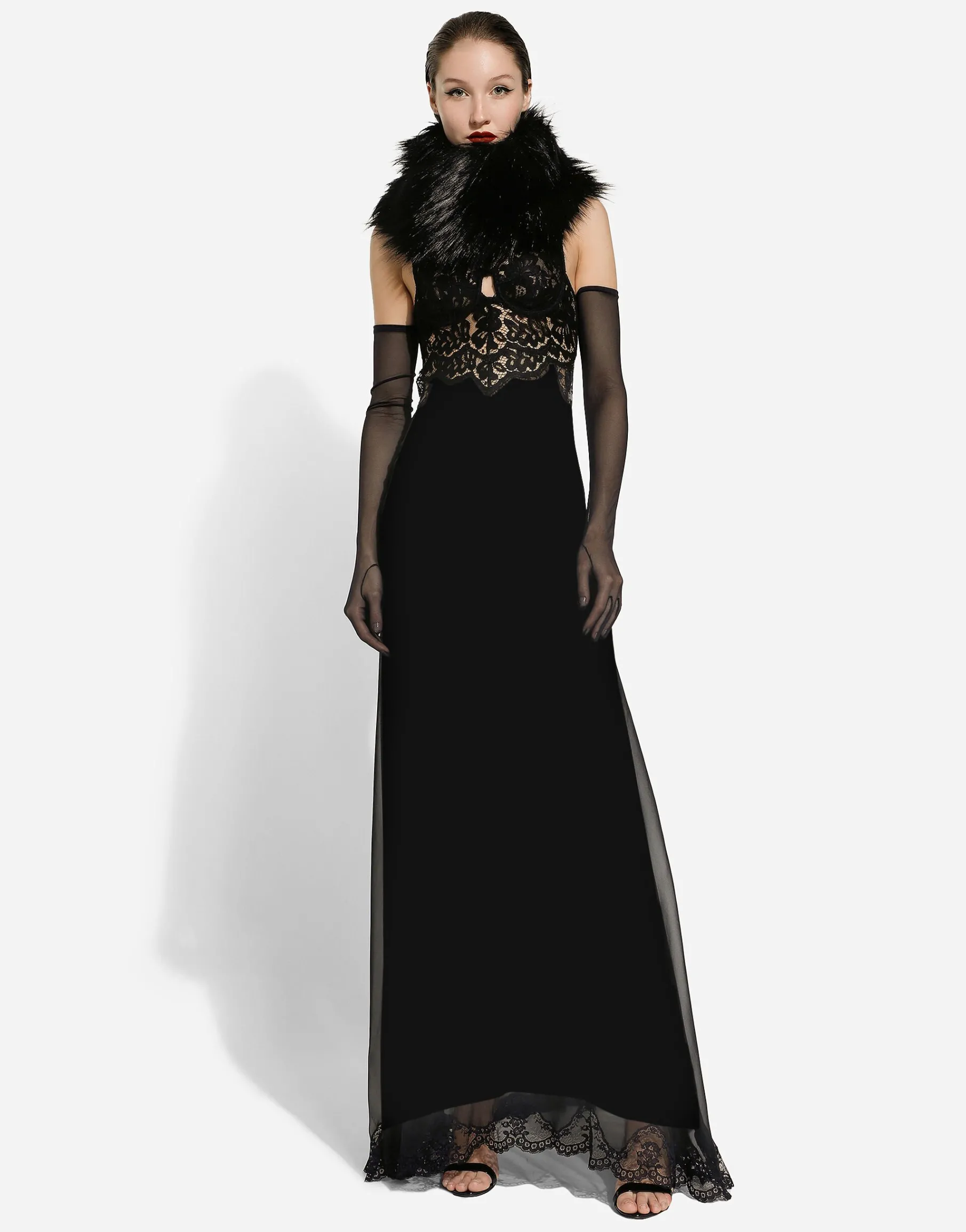 Long silk chiffon dress with lace body