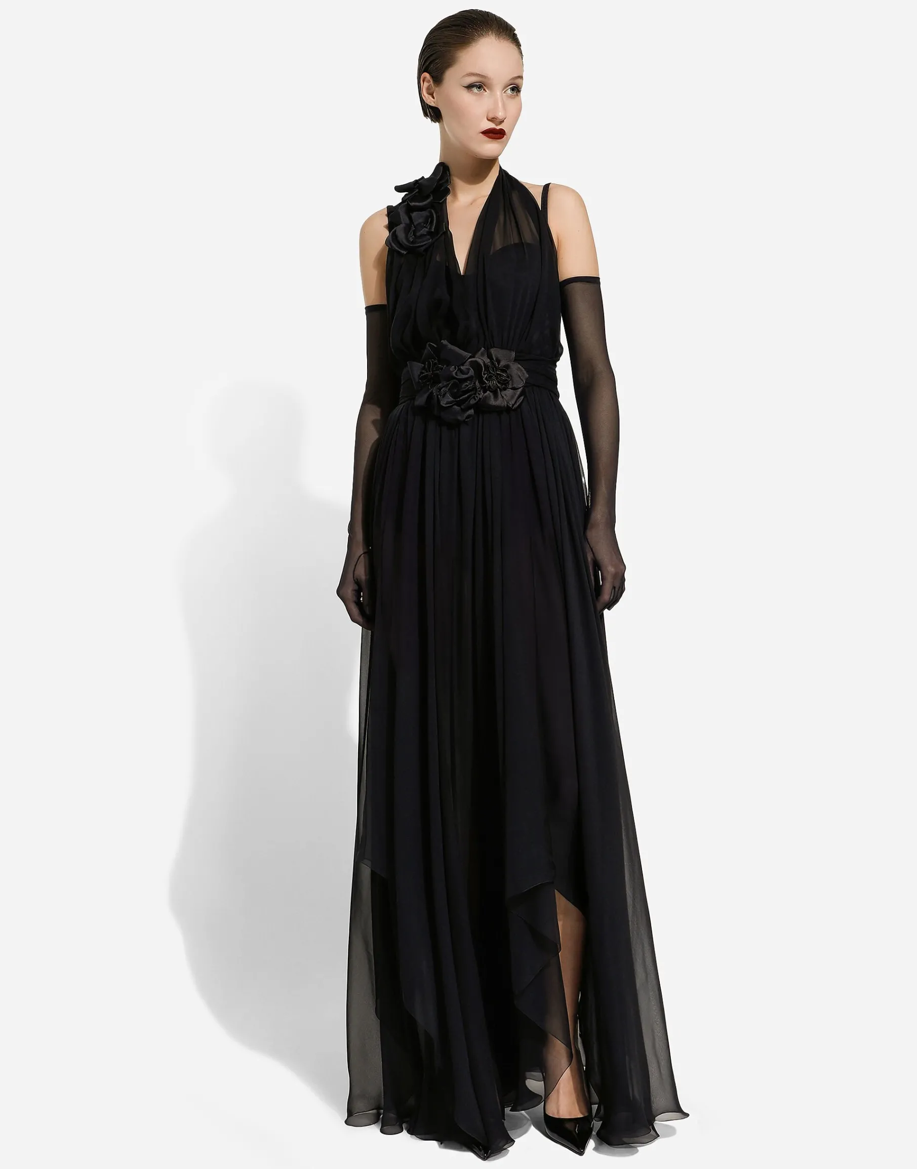 Long silk chiffon dress with floral appliqué